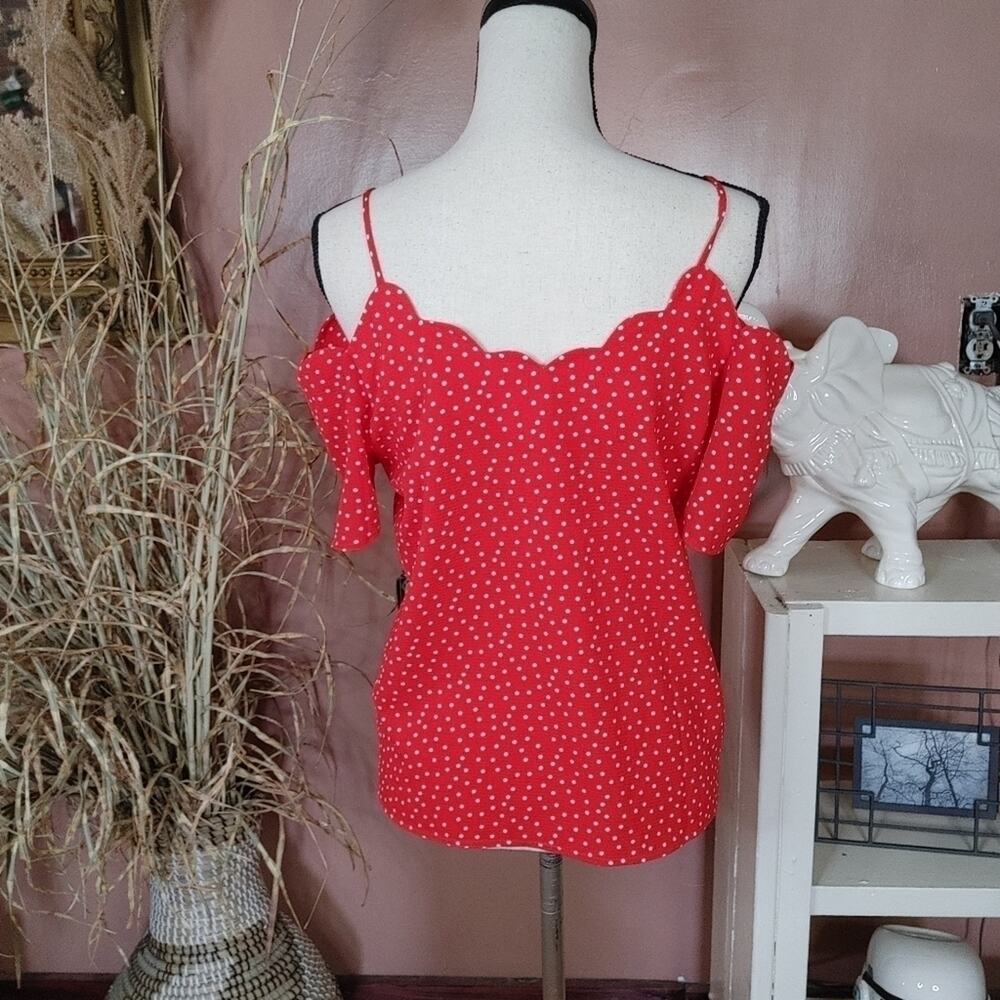 Monteau Los Angeles Size Medium M Red White Polka Dot Blouse Off Shoulder Top - Picture 5 of 11